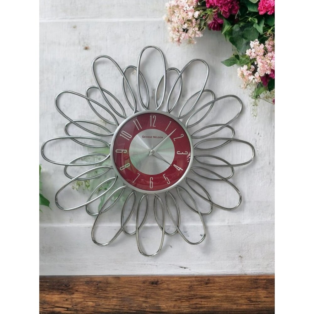 George Nelson Inspired Sunflower Wall Clock With Red Dial & Silver Loops Style